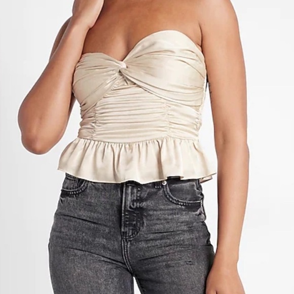 Express Tops - 🔥 Express Satin Strapless Ruched Peplum Top Cream L Resort Party Chic ✨🌴
